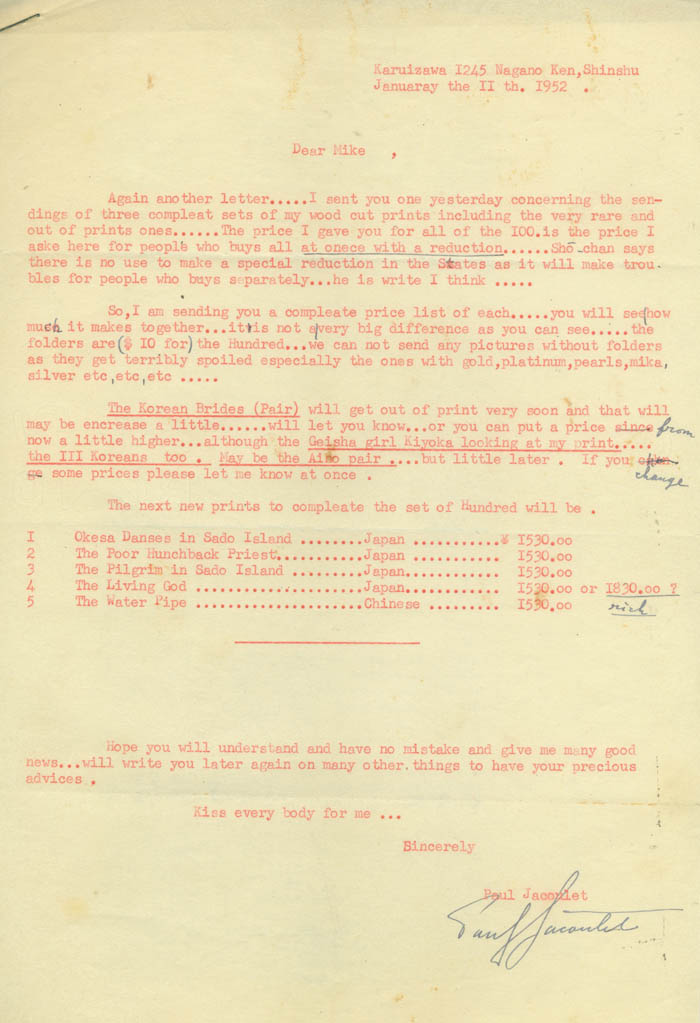 Paul Jacoulet Letter 5, January 11, 1952
