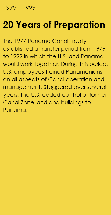 1979 - 1999 20 Years of Preparation The 1977 Panama Canal Treaty established a transfer period from 1979 to 1999 in which the U.S. and Panama would work together. During this period, U.S. employees trained Panamanians on all aspects of Canal operation and management. Staggered over several years, the U.S. ceded control of former Canal Zone land and buildings to Panama.