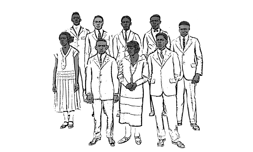Drawn rendering from photograph of Lincoln Hign School's first graduating class