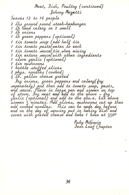 Recipe for Johnny Mazetti by Ruby McGowin from the Orchid Eastern Stars Recipe Book