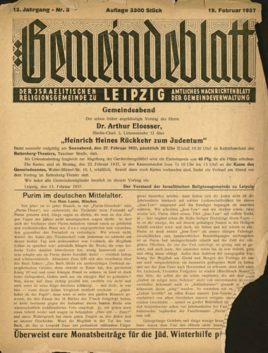 Gemeindeblatt der Israelitischen Religionsgemeinde zu Leipzig amtliches Nachrichtenblatt der Gemeindeverwaltung 