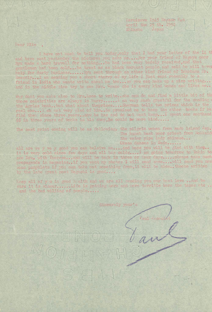 Paul Jacoulet Letter 15, April 25, 1952